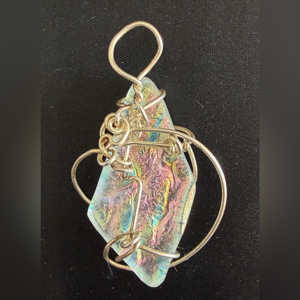 Handcrafted Opalescent Wire-Wrapped Dichroic Glass & Silver Pendant, 1 3/4" drop